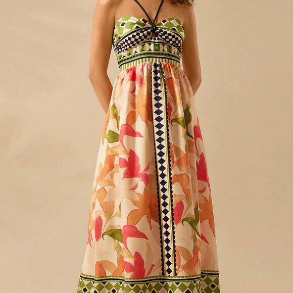 Multicolor Boho Women's Floral Print Hollow Out Sleeveless Extra Long Dress - Picture 3 of 7